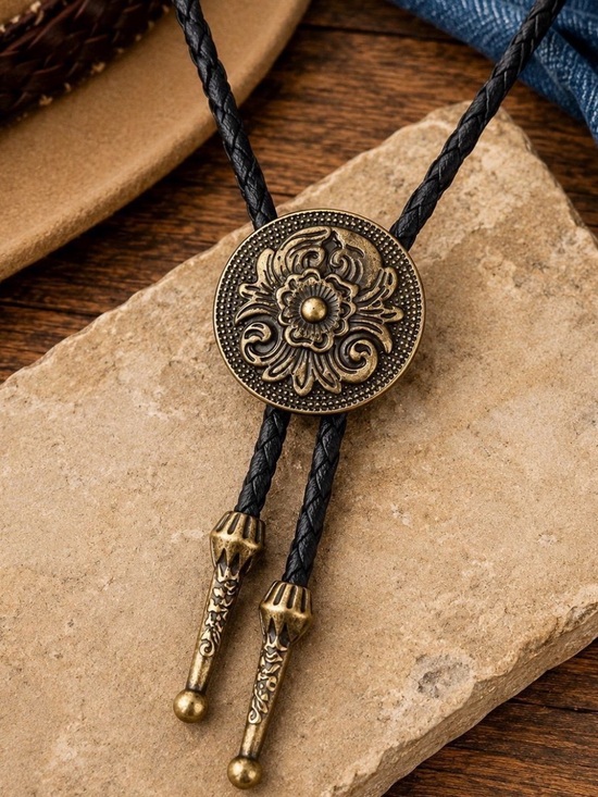 Source Unknown Other - Western Floral Bolo Tie Necklace 40” Braided Leather Cord Gold Tone Cowboy
